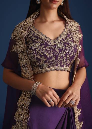 Purple Zardozi Work Jacket With Crop Top And Skirt