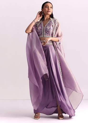 Lavender Moti Work Crop Top Suit Embroidered Jacket