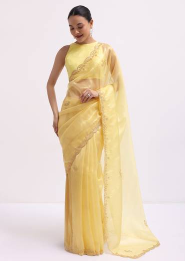 Yellow Embroidered Tissue Saree With Unstitched Blouse