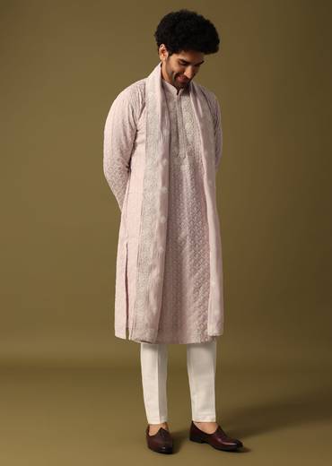 Lavender Kurta Pant Set With Dupatta In Resham Work For Men