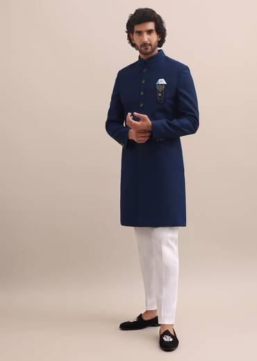 Blue Sherwani With Moti Embroidered Collar For Men