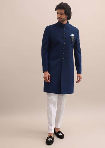 Blue Sherwani With Moti Embroidered Collar For Men