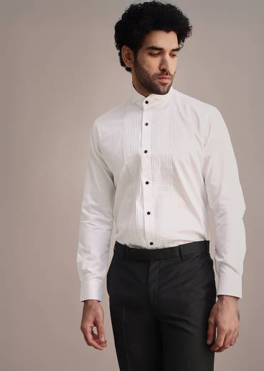 White Mandarin Collar Cotton Shirt With Pleated Front