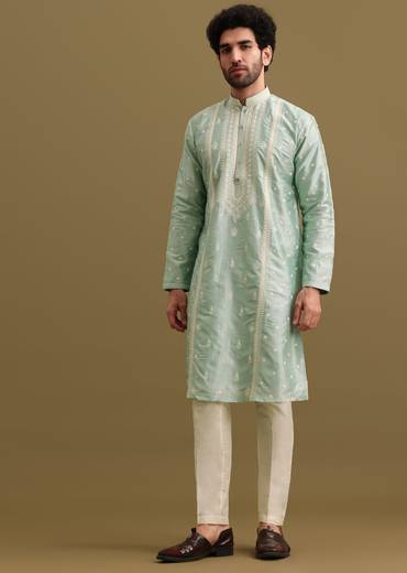 Aqua Blue Silk Kurta Set With Resham Work For Men