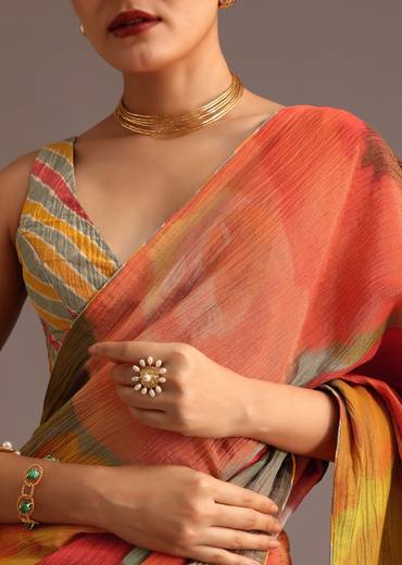 Sunlit Festive Couple Set – Orange Abstract Crush Saree for Her And Olive Silk Kurta Jacket Set for Him