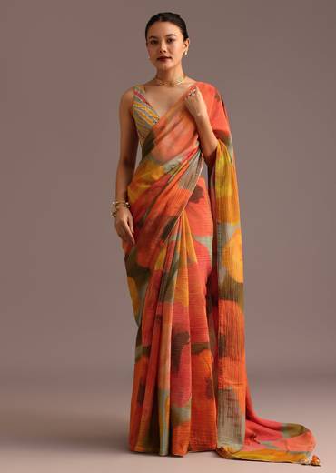 Sunlit Festive Couple Set – Orange Abstract Crush Saree for Her And Olive Silk Kurta Jacket Set for Him
