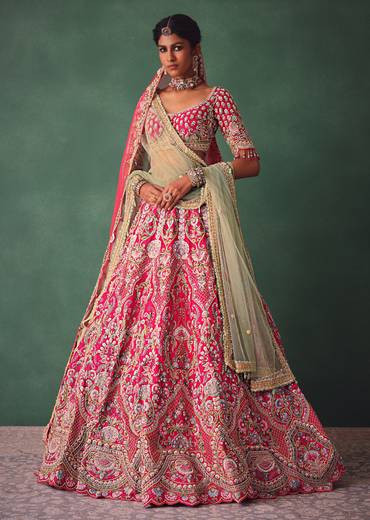 Rose Pink Bridal Lehenga With Scoop Neckline Blouse And Hand Work Dupatta