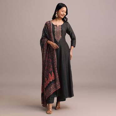 Black Embroidered Kurti Set With Modal Silk Ajrakh Printed Dupatta