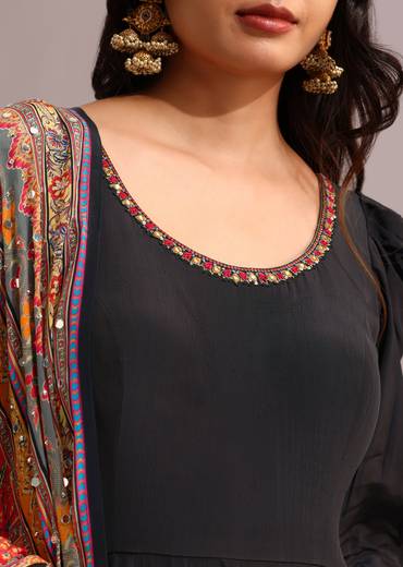 Black Embroidered Anarkali With Printed Dupatta