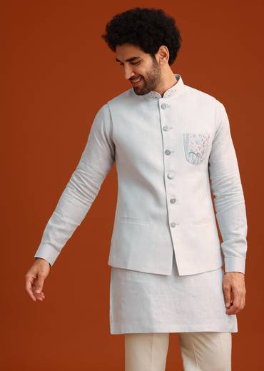 Sky Blue Linen Kurta Jacket Set With Resham Work