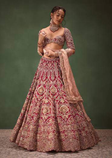 Maroon Raw Silk Hand Embroidered Bridal Lehenga With Two Dupattas