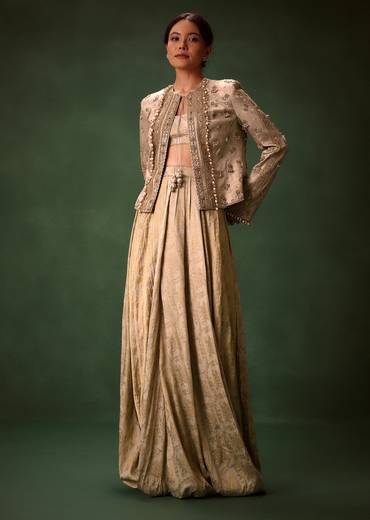 Gold Cowl Dhoti Drape Skirt With Heavy Embroidered Jacket