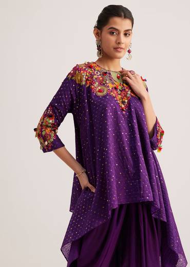 Purple Silk Kurta Dhoti Set With Resham Embroidery And Tassel Details