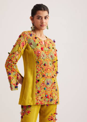 Mustard Silk Kurta Palazzo Set With Resham And Zari Embroidery