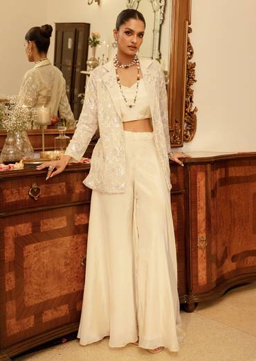 Cream Embroidered Croptop Palazzo And Jacket Set