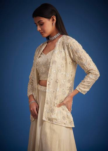 Cream Raw Silk Embroidered Jacket Lehenga Set