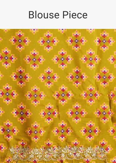 Mehendi Green Patola Printed Satin Saree With Scallop Embroidered Border