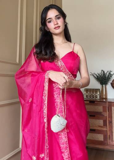 Hot Pink Cutdana Embroidered Saree With Unstitched Blouse