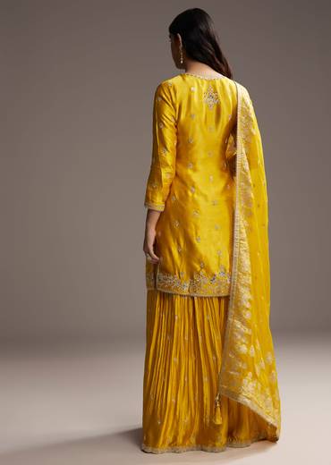 Yellow Zari Palazzo Suit Set With Dupatta