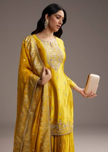 Yellow Zari Palazzo Suit Set With Dupatta