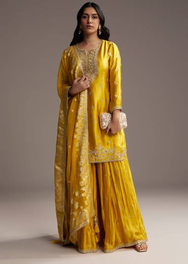 Yellow Zari Palazzo Suit Set With Dupatta