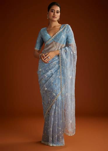 Aqua Blue Crushed Tissue Saree With Floral Jaal Embroidery