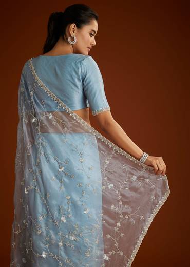 Aqua Blue Crushed Tissue Saree With Floral Jaal Embroidery