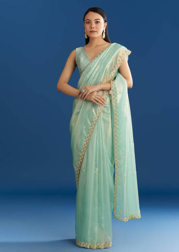 Aqua Blue Organza Tissue Saree With Cutdana And Beads Scallop Border
