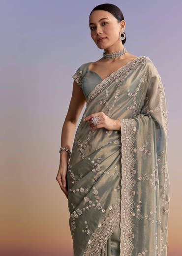 Aqua Blue Tissue Embroidered Saree With Cutdana And Stone Work