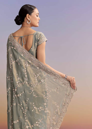 Aqua Blue Tissue Embroidered Saree With Cutdana And Stone Work