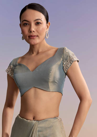 Aqua Blue Tissue Embroidered Saree With Cutdana And Stone Work