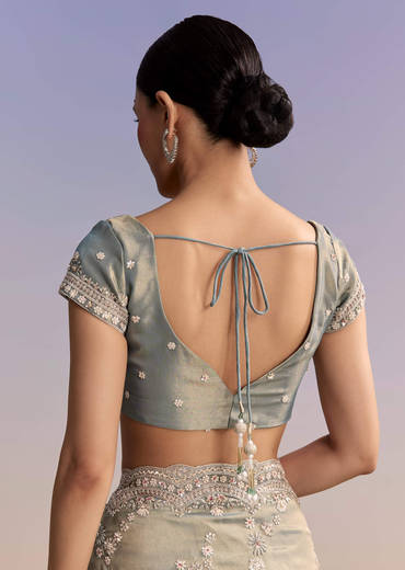 Aqua Blue Tissue Embroidered Saree With Cutdana And Stone Work