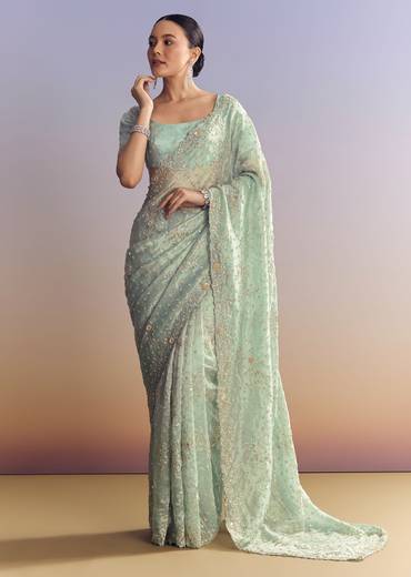 Aqua Blue Tissue Saree With Cutwork And Unstitched Embellished Blouse