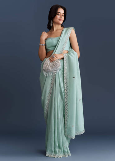 Aqua Blue Tissue Saree With Heavy Hand Embroidery