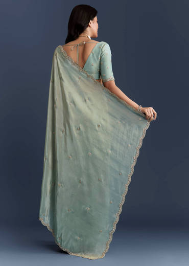 Aqua Blue Tissue Saree With Intricate Hand Embroidery