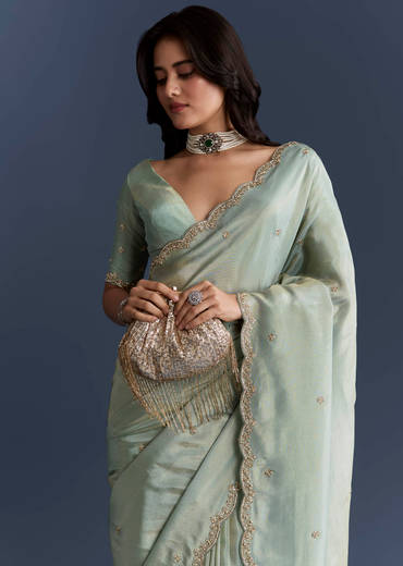 Aqua Blue Tissue Saree With Intricate Hand Embroidery
