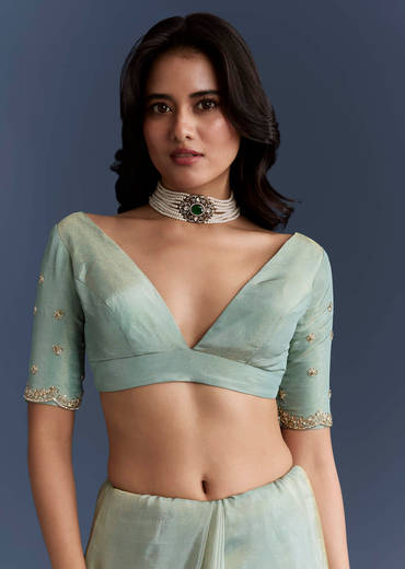 Aqua Blue Tissue Saree With Intricate Hand Embroidery