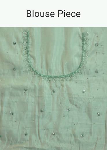 Aqua Green Organza Saree With Stones Beads And Sequins Embroidery And Scallop Border