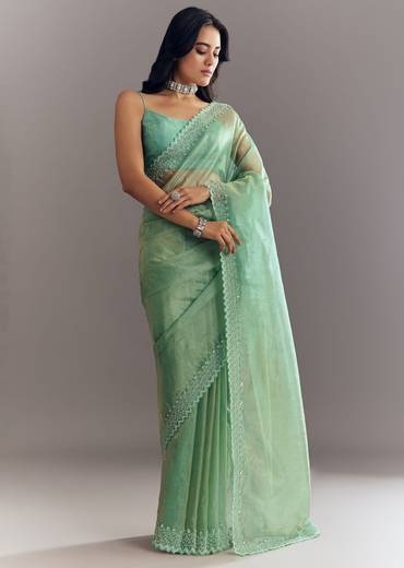 Aqua Green Organza Saree With Stones Beads And Sequins Embroidery And Scallop Border