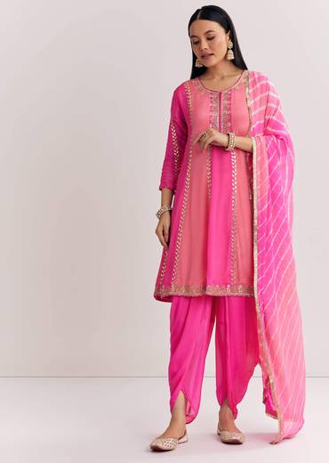 Pink Georgette Kurta Dhoti Suit With Gotta Lace And Moti Work
