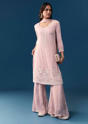 Baby Pink Chinon Kurta Set With Cut Dana Moti And Sequins Work