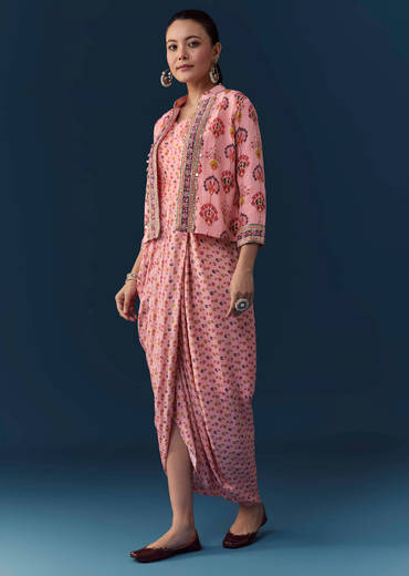 Baby Pink Floral Print Draped Gown with Sequins Jacket