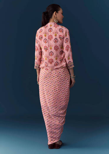 Baby Pink Floral Print Draped Gown with Sequins Jacket