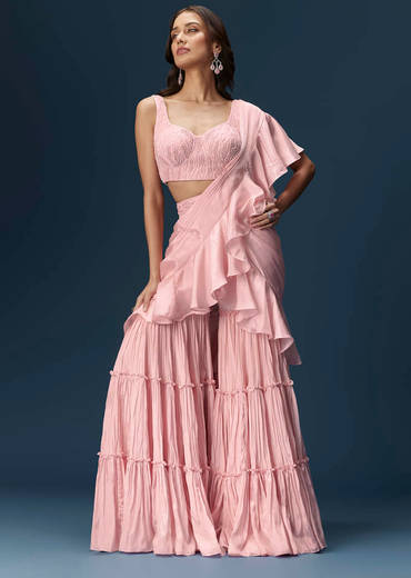 Baby Pink Frill Saree With Fancy Blouse