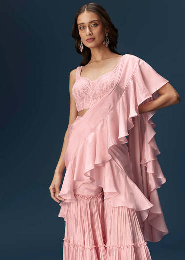 Baby Pink Frill Saree With Fancy Blouse