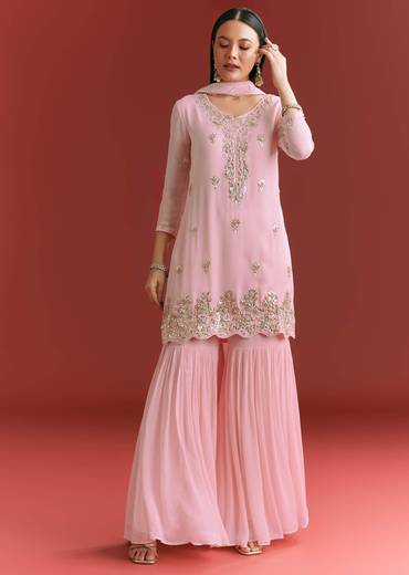 Baby Pink Georgette Kurta Sharara Suit With Organza Dupatta And Moti Work