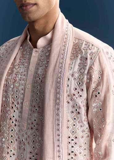 Baby Pink Kurta Set For Men With Mirror And Thread Work