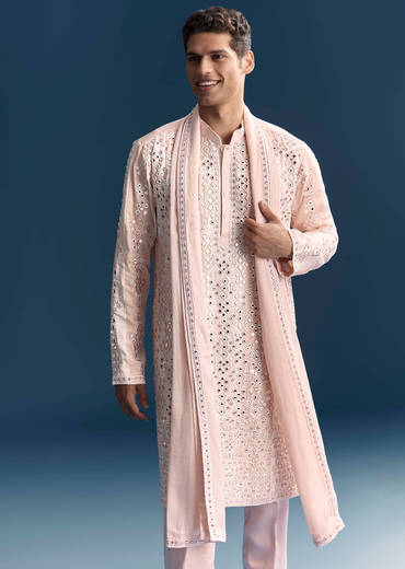 Baby Pink Kurta Set For Men With Mirror And Thread Work