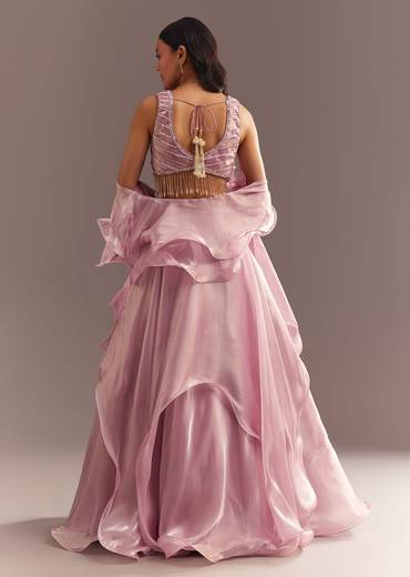 Baby Pink Organza Ruffled Lehenga Choli With Sequins