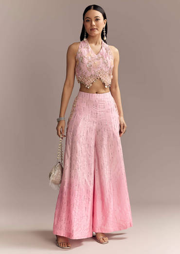 Baby Pink Silk Crop Top And Palazzo Set With Intricate Embroidery